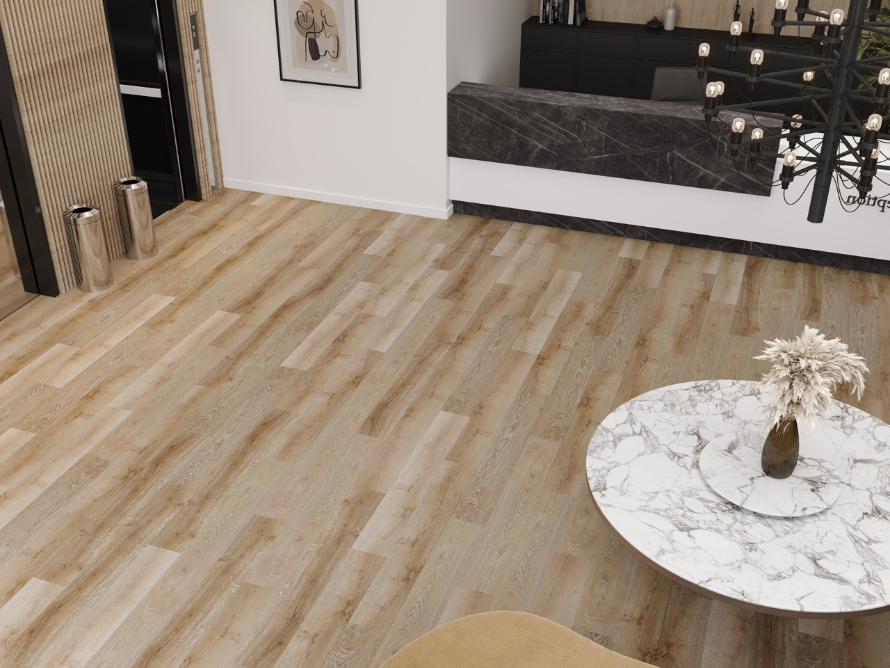 Кварцвиниловый SPC ламинат Cronafloor Nano Дуб Светлый ZH-81110-8 1200×180×3,5 фото в интерьере